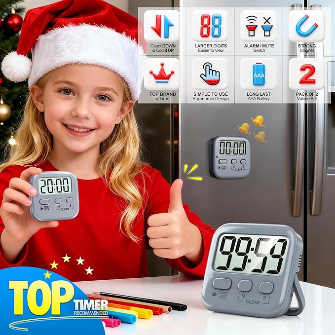 Antonki 2 Pack Digital Timer for Kids, Magnetic Countdown Kitchen Timers for Cooking, Egg, Classroom, Teacher, Exercise, Study, Oven - Battery Included - Image 3