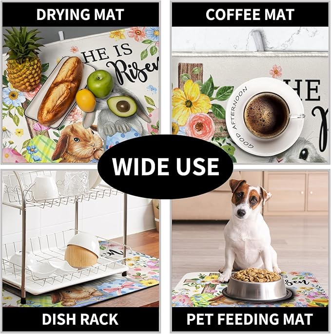 He is Risen Easter Dish Drying Mat for Kitchen Counter Bunny Floral Cross Dish Drainer Mats Spring Rabbit Flowers Egg Dish Drying Pads Absorbent Microfiber Reusable Dish Rack Mat 16x18 Inch - Image 7