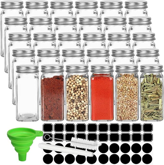 Keketin 30 Pack Glass Spice Jars 4 oz with Labels, Empty Square Spice bottles Seasoning Containers with Silver Caps and Shaker Lids(80 Black Labels,1 Funnel,1 Pen and 1 Brush Included) by Keketin