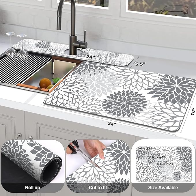 Findosom 2PCS 16" x 24" Dish Drying Mat & 24" x 5.5" Sink Splash Guard, Super Absorbent & Cuttable Dish Mat Drying Kitchen Mat with Gray Floral, Hide Stain Drying Mat for Kitchen Counter - Image 2