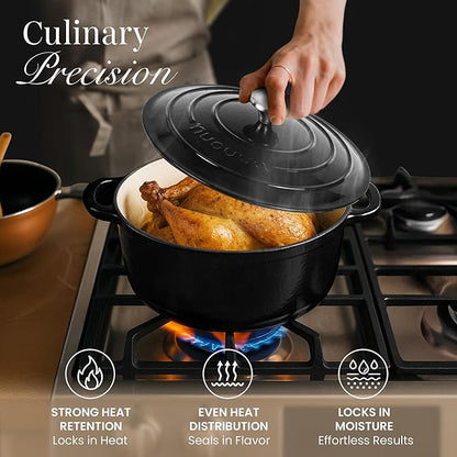 Nuovva Enamelled Cast Iron Dutch Oven Pot with Lid – 6.4 Quart Non Stick Casserole Pot – Heavy Duty & Oven Safe up to 500° F for Bread Baking, Braising, Stews, Roasting – 28cm Black - Image 7
