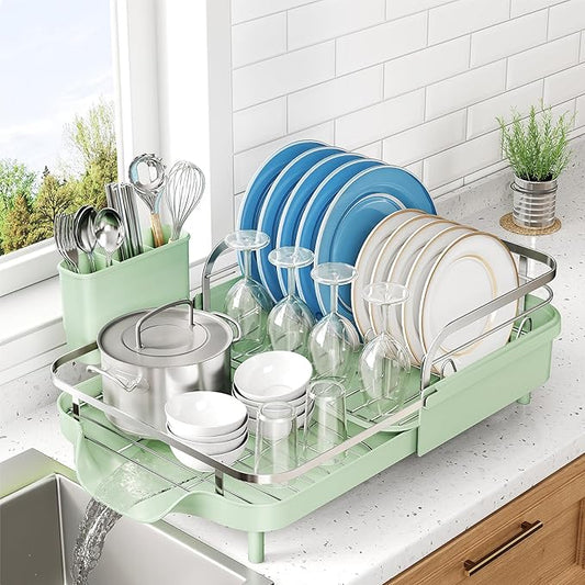 SNTD Dish Drying Rack, Expandable Dish Rack for Kitchen Counter, Stainless Steel Dish Drainer with Drainboard Set and Utensil Holder (Green) by SNTD