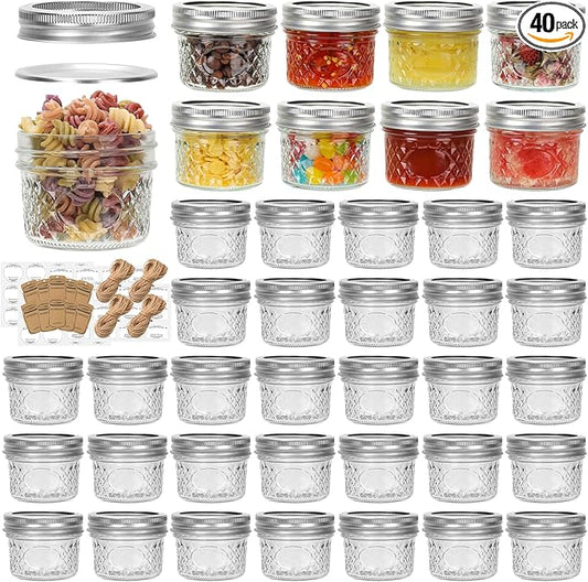 Eathtek 4 oz Mason Jars 40 Pack, 120ml Mini Canning Jars with Regular Lids for Jelly Herbs Spice Honey Storage, Small Glass Jars Candle jars, Extra Tags Label Included