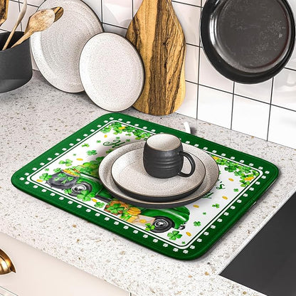 Shamrock Gnome Truck Dish Drying Mat Lucky Clover Dish Drainer Mat 16x18 inch Absorbent Fast Dry Pad for Kitchen Counter Coffee Bar Decor