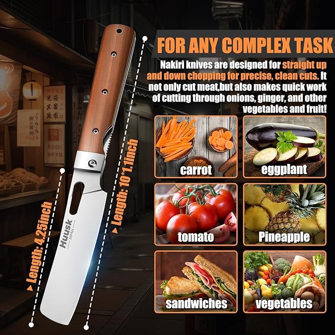 Huusk Japanese Folding Nakiri Knife - Pocket Chef Knives with 440C Stainless Steel Ultra Sharp Blade, Portable Kitchen Knife for BBQ Trip Outdoor, Christmas Gift for Men and Women