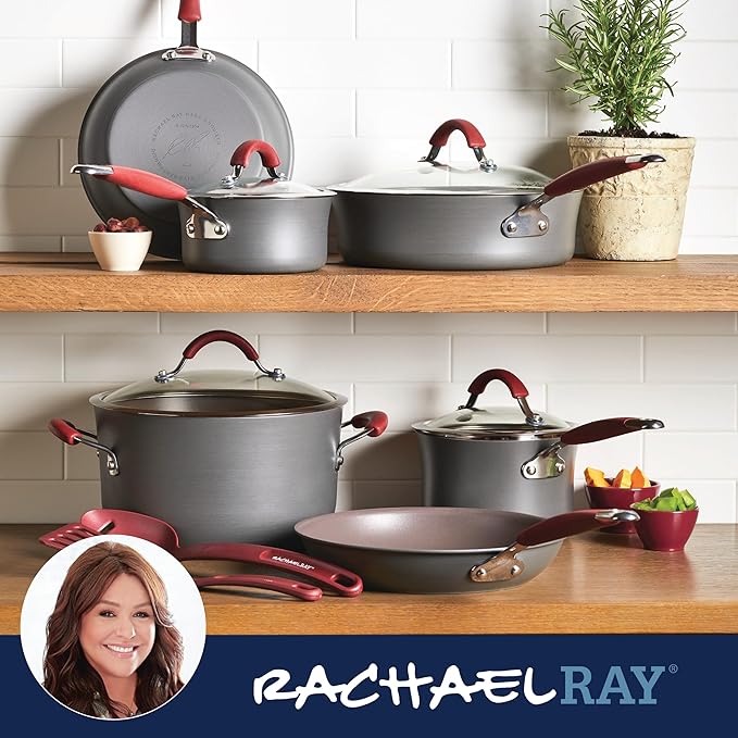 Rachael Ray - 87630 Rachael Ray Cucina Hard Anodized Nonstick Cookware Pots and Pans Set, 12 Piece, Gray with Red Handles - Image 7