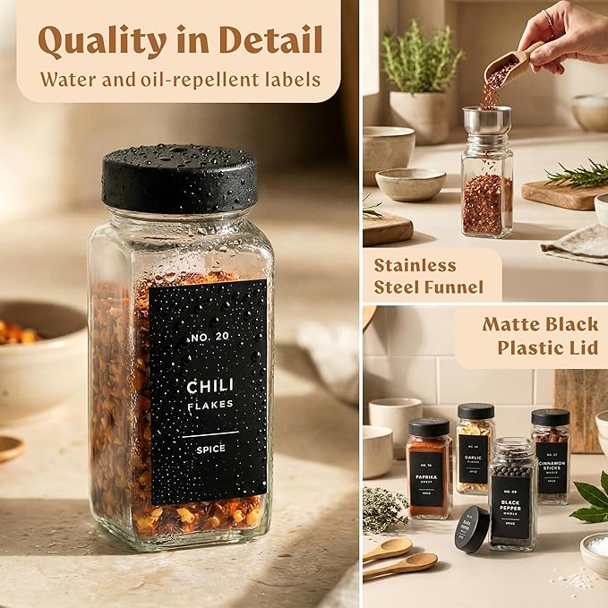 EDELHAUS Glass Spice Jars with Labels (24 x 4oz) Spice Containers with 240 Labels, Shaker Inserts, Funnel, Empty Square Empty Square Seasoning Organizer (Black Lids) - Image 7