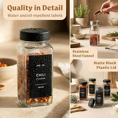 EDELHAUS Glass Spice Jars with Labels (24 x 4oz) Spice Containers with 240 Labels, Shaker Inserts, Funnel, Empty Square Empty Square Seasoning Organizer (Black Lids) - Image 7
