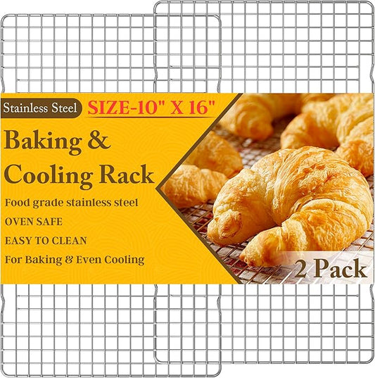 2PCS Cooling Racks for Cooking and Baking - 10" x 16"Heavy Duty Stainless Steel Wire Rack for Baking, Grilling, Roasting - Oven & Dishwasher Safe - Fits Half Sheet Pan（Silver） by QukakaHomeCare