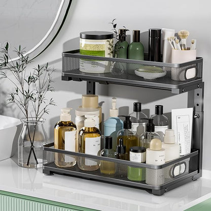 Under Sink Organizer, High Adjustable 2 Tier Under Sink Organizers and Storage, Slide out Metal Cabinet Organizers, Pull out Storage Drawer Shelf for Kitchen Bathroom Cabinet (1, Black)