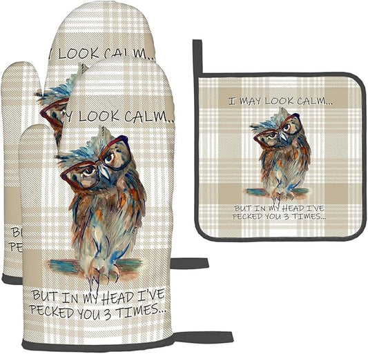 Funny Owl Oven Mitts and Pot Holders Sets of 3 Kitchen Hot Pads Cute Buffalo Plaid Oven Gloves Heat Resistant Washable for Cooking Grilling Baking Holiday Kitchen Decor by Unknown