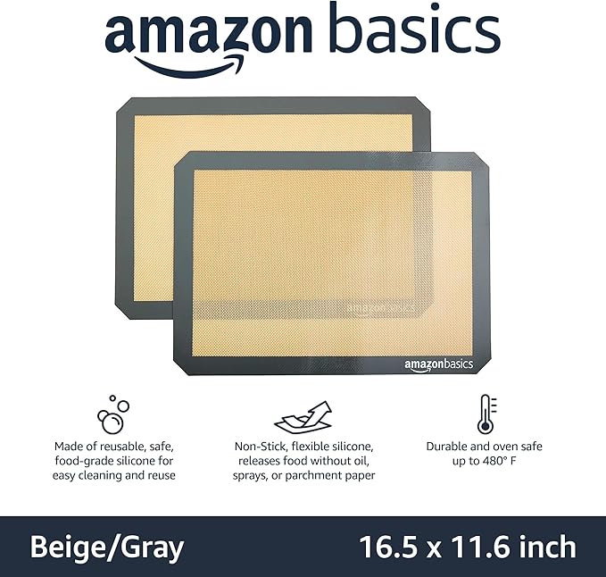 Amazon Basics Silicone Rectangular Baking Mat, Non-Stick, Reusable, Dishwasher Safe, Food Safe, Heat Resistant, 16.5" x 11.6", Beige/Gray, 2-Pack - Image 2