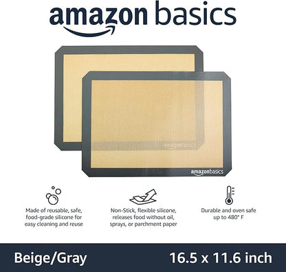 Amazon Basics Silicone Rectangular Baking Mat, Non-Stick, Reusable, Dishwasher Safe, Food Safe, Heat Resistant, 16.5" x 11.6", Beige/Gray, 2-Pack - Image 2