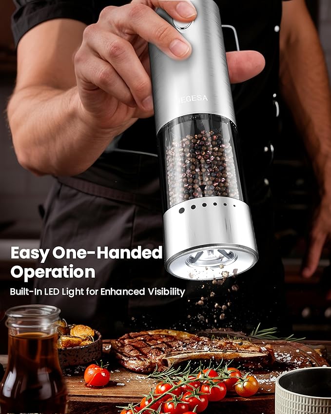 Electric Salt and Pepper Grinder Set with Rechargeable Base - Automatic Refillable Electric Salt and Pepper Shakers with Large Capacity, LED Light & Adjustable Coarseness, Stainless Steel - Image 2