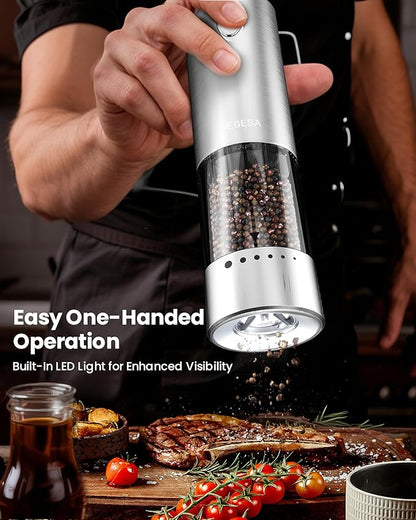 Electric Salt and Pepper Grinder Set with Rechargeable Base - Automatic Refillable Electric Salt and Pepper Shakers with Large Capacity, LED Light & Adjustable Coarseness, Stainless Steel - Image 2