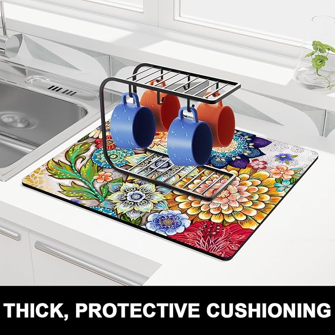 Rnivvi Dish Drying Mat for Kitchen Counter, 16 x 18" Cute Flower Theme Absorbent Heat Resistant Drying Pad with Non-slip Rubber, Coffee Bar Mats for Coffee Machine Dish Rack, Mandala Floral - Image 2
