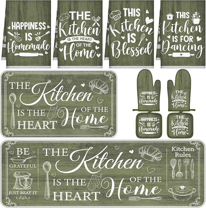 Fourluoo 10 Pcs Farmhouse Kitchen Decor and Accessories Set 4 Kitchen Towels 2 Pot Holders 2 Oven Mitts 2 Rugs for Cooking Baking Mom Housewarming Gifts(Sage Green,Classic Style) by Fourluoo