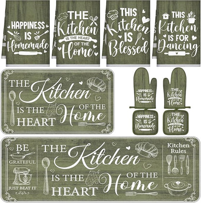 Fourluoo 10 Pcs Farmhouse Kitchen Decor and Accessories Set 4 Kitchen Towels 2 Pot Holders 2 Oven Mitts 2 Rugs for Cooking Baking Mom Housewarming Gifts(Sage Green,Classic Style) by Fourluoo