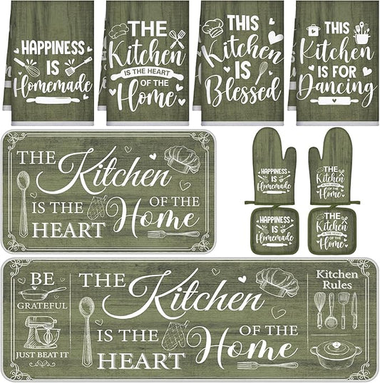 Fourluoo 10 Pcs Farmhouse Kitchen Decor and Accessories Set 4 Kitchen Towels 2 Pot Holders 2 Oven Mitts 2 Rugs for Cooking Baking Mom Housewarming Gifts(Sage Green,Classic Style) by Fourluoo