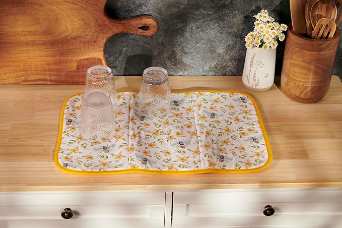 Primitives by Kathy Decorative Kitchen Drying Mat, Full Color Design, ultra-absorbent vibrant pattern/bees/flowers hand painted unique watercolor style dish mat pad kitchen accessory/spring home decor