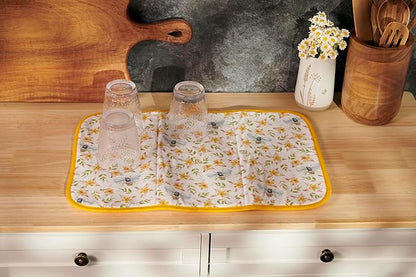 Primitives by Kathy Decorative Kitchen Drying Mat, Full Color Design, ultra-absorbent vibrant pattern/bees/flowers hand painted unique watercolor style dish mat pad kitchen accessory/spring home decor