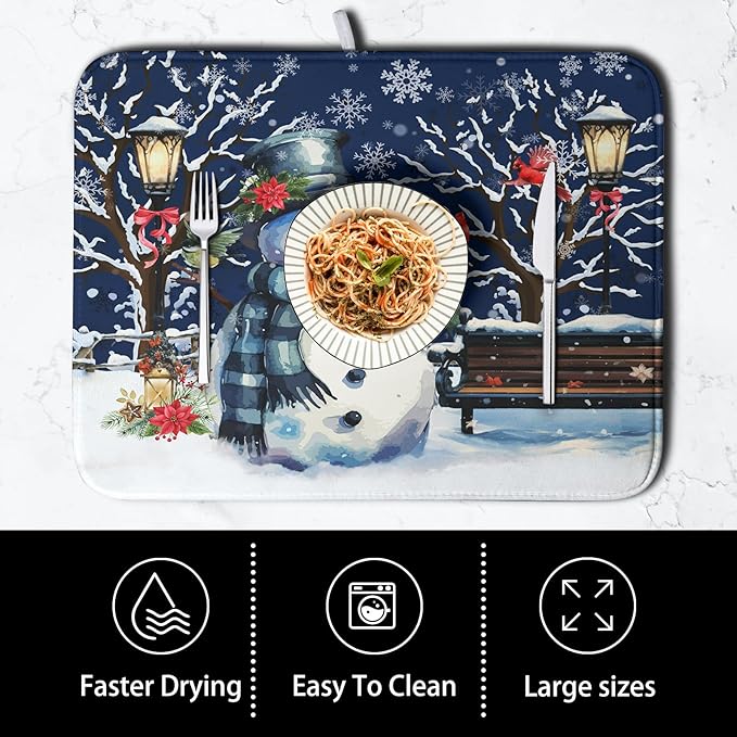 Winter Snowman Dish Drying Mat for Kitchen Counter 16x18, Xmas Snowflakes Dish Drainer Mat Snowy Night Drying Kitchen Mats Cardinal Birld Dish Pad Absorbent Reversible Coffee Mats for Dishes - Image 4
