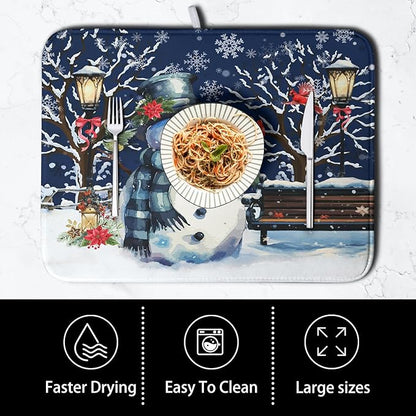Winter Snowman Dish Drying Mat for Kitchen Counter 16x18, Xmas Snowflakes Dish Drainer Mat Snowy Night Drying Kitchen Mats Cardinal Birld Dish Pad Absorbent Reversible Coffee Mats for Dishes - Image 4