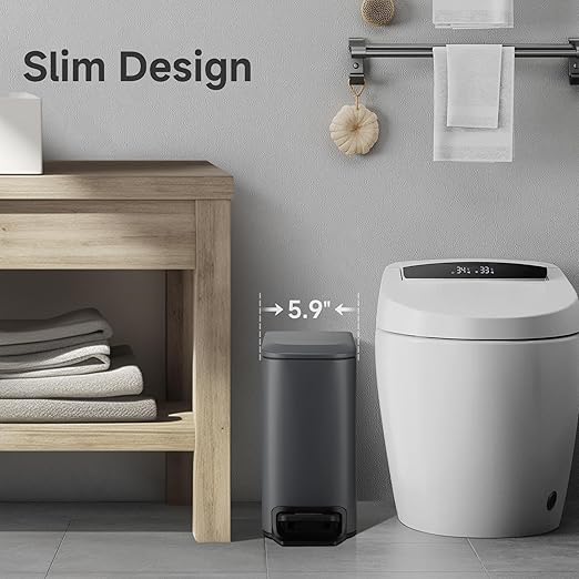 TIPGO Slim Bathroom Trash Can with Lid Soft Close, 6 Liter / 1.6 Gallon Stainless Steel Garbage Can with Removable Inner Bucket, Step Pedal, Small Trash Cans for Bedroom, Office, Kitchen (Grey) - Image 4
