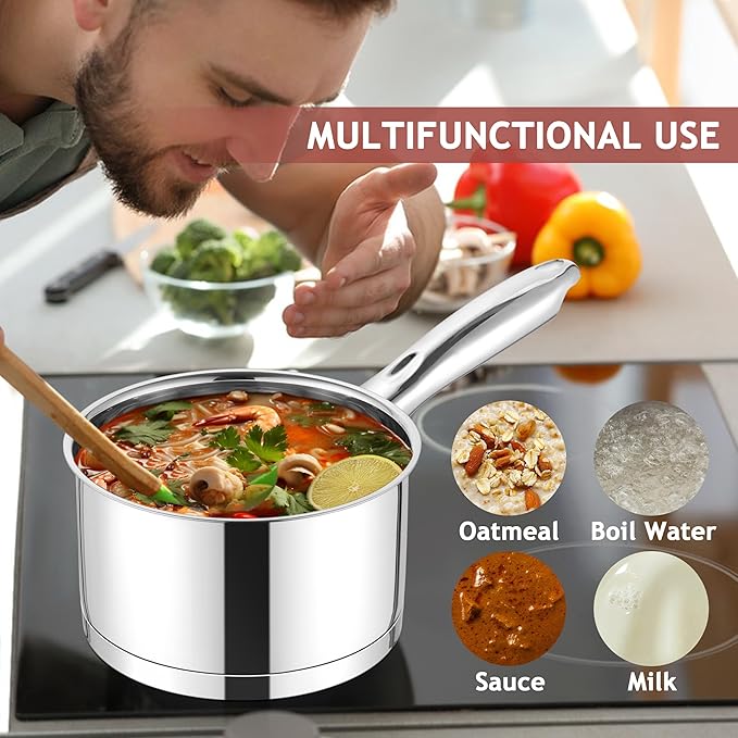 E-far Stainless Steel Saucepan with Lid, 3 Quart Sauce Pan Induction Pot for Cooking, Boiling, Compatible with All Stoves, Healthy & Non Toxic, Oven & Dishwasher Safe - Image 4