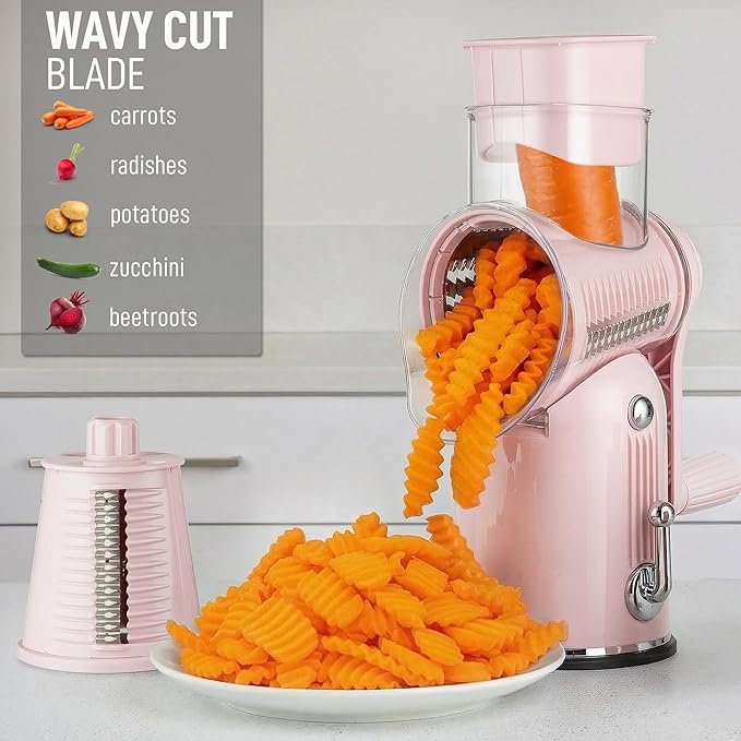 Zulay Kitchen Rotary Cheese Grater 5 Blade Cheese Shredder - Manual Hand Crank Cheese Grater With Reinforced Suction & 5 Interchangeable Drums - Easy to Use, Vegetable Chopper Round Mandoline Slicer - Image 4
