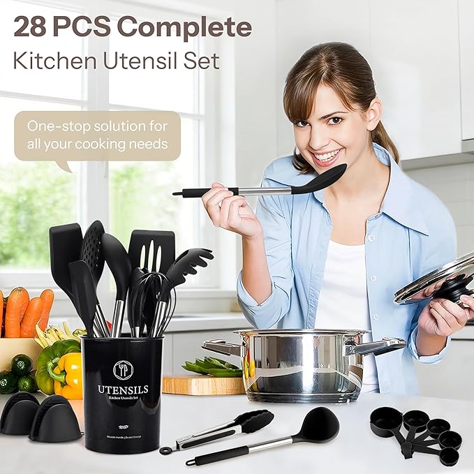 NCUE Silicone Cooking Utensils Set, 28 Pcs Kitchen Utensils Set 446°F Heat Resistant Spatula Set, Food Grade Silicone and Stainless Steel Handle Kitchen Gadgets for Nonstick Cookware BPA Free - Image 2