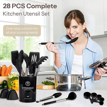 NCUE Silicone Cooking Utensils Set, 28 Pcs Kitchen Utensils Set 446°F Heat Resistant Spatula Set, Food Grade Silicone and Stainless Steel Handle Kitchen Gadgets for Nonstick Cookware BPA Free - Image 2