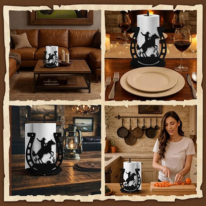 Horseshoe Western Paper Towel Holder Black Metal Farmhouse Napkin Holder Rustic Paper Towel Stand Kitchen Decor Accessories for Derby Horse Racing Decorations Western Farmhouse Decor