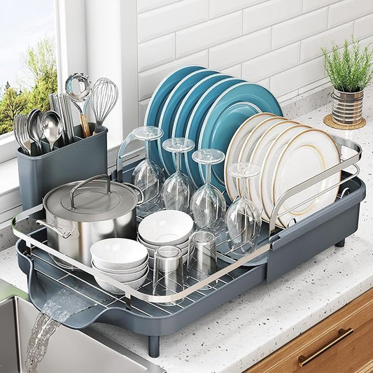 SNTD Dish Drying Rack, Expandable Dish Rack for Kitchen Counter, Stainless Steel Dish Drainer with Drainboard Set and Utensil Holder (Gray) by SNTD