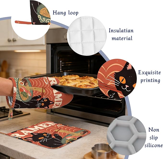 Black Cat Ramen Oven Mitts and Pot Holders Abstract Funny Silicone Kitchen Accessories Set of 4 Heat Resistant Non-Slip Long Gloves Potholder for Chef Cooking Baking Gifts Women Men
