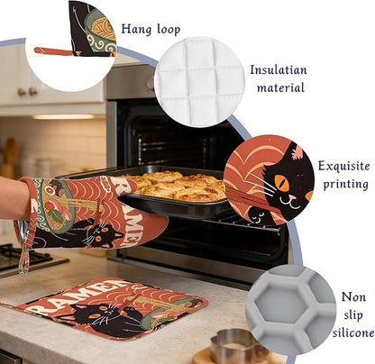 Black Cat Ramen Oven Mitts and Pot Holders Abstract Funny Silicone Kitchen Accessories Set of 4 Heat Resistant Non-Slip Long Gloves Potholder for Chef Cooking Baking Gifts Women Men
