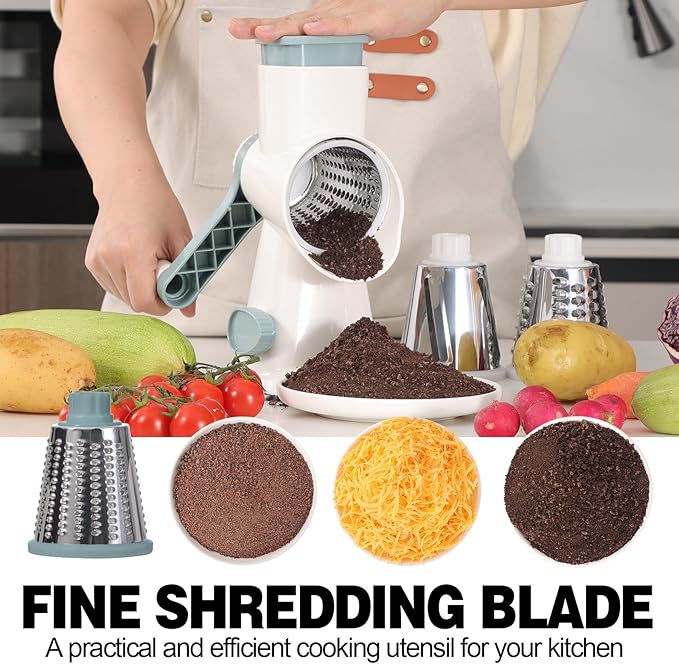 Cheese Grater Cheese Shredder with 3 Interchangeable Blades, Rotary Cheese Grater Manual Vegetable Slicer with Non-slip Suction Base Peanut Nuts Grinder Vegetable Shredder White - Image 4