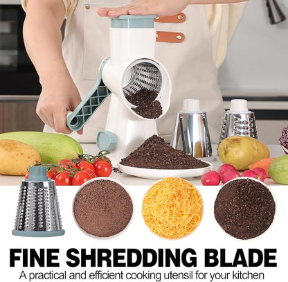 Cheese Grater Cheese Shredder with 3 Interchangeable Blades, Rotary Cheese Grater Manual Vegetable Slicer with Non-slip Suction Base Peanut Nuts Grinder Vegetable Shredder White - Image 4