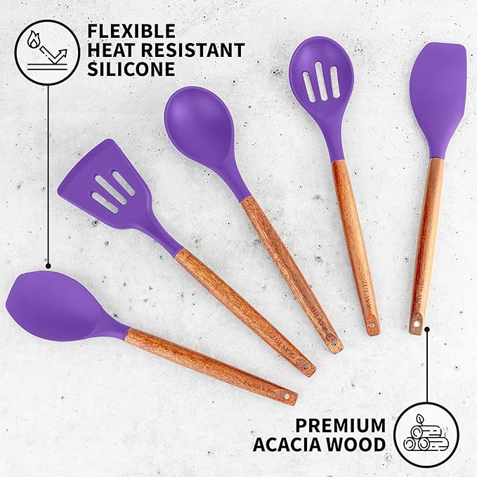 Zulay Kitchen Non-Stick Cooking Utensils Set with Authentic Acacia Wood Handles – 5-Piece Durable & Stylish Silicone Kitchen Utensils Set – Heat Resistant to 464°F – Purple - Image 2