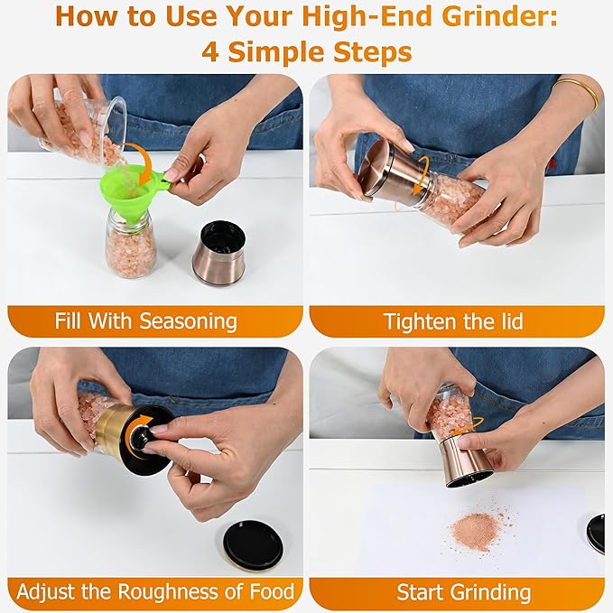 R DRURLCD Short Copper Salt and Pepper Grinder Set of 2, Manual Adjustable Coarseness with Ceramic Blades - Stainless Steel Refillable Mills, Bonus Silicone Funnel