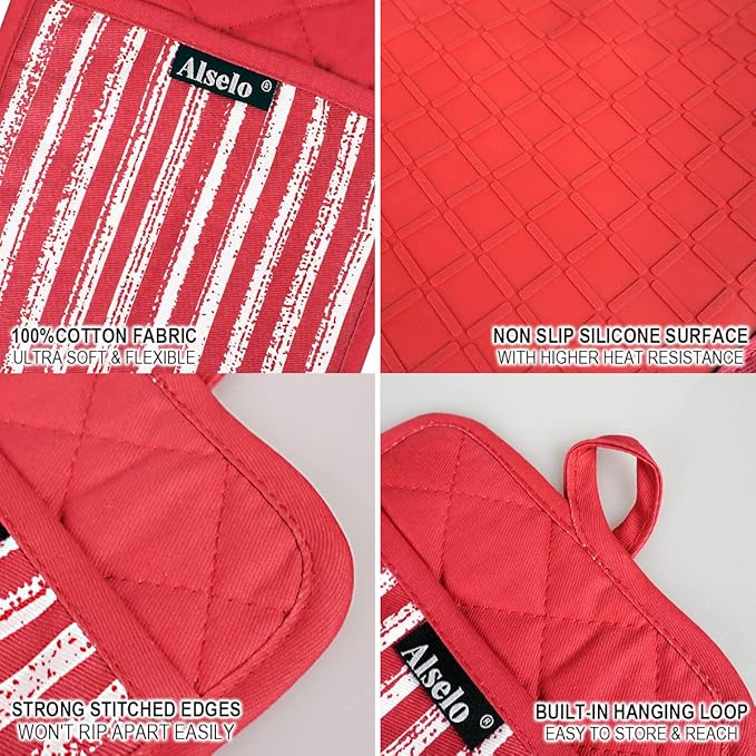 Alselo Silicone Pot Holders Set of 3 Heat Resistant & Non Slip Potholders, Professional Oven Hot Pads with Pockets Mitts for Kitchen Cooking Baking Barbecue (3, Red) - Image 3