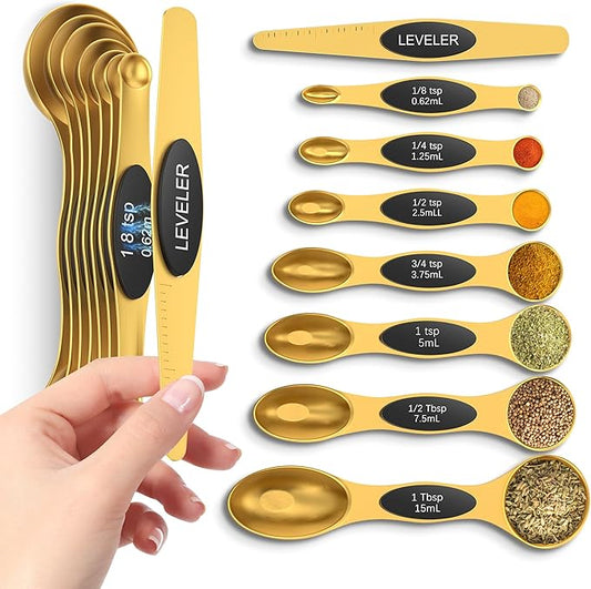 Magnetic Measuring Spoons Set with Strong N45 Magnets, Heavy Duty Stainless Steel Metal, Fits in Most Kitchen Spice Jars for Baking & Cooking, BPA Free, Multicolor, Set of 8 with Leveler(Gold) by HOWGOODY