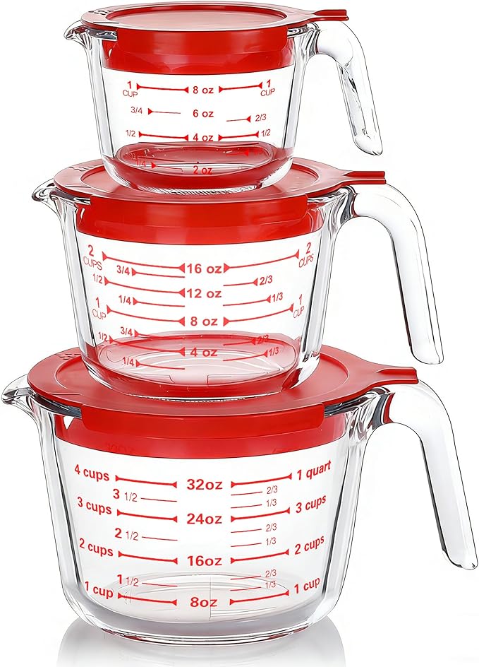 M MCIRCO 6 Pcs Glass Measuring Cups with Lids Set, 1-Cup, 2-Cup, 4-Cup Measuring Jugs with Handle, Nesting Liquid Measuring Cups for Kitchen by MMCIRCO