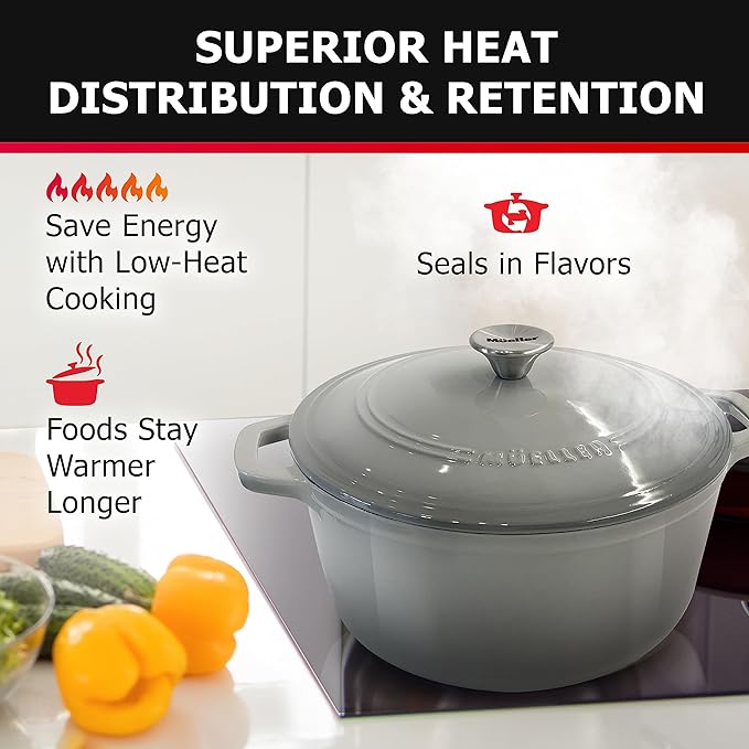 Mueller 6 Quart Enameled Cast Iron Pot Dutch Oven, Heavy-Duty Oven-Safe up to 500° F, & Across All Cooktops, Casserole Dishes for Ovens, Bread Pan with Lid and Knob, Cast Iron Cookware, Grey - Image 3