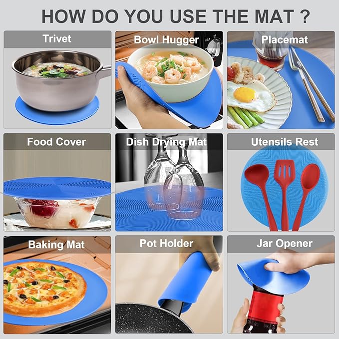 2 in 1, Aidacom Microwave Splatter Cover for Food & Silicone Microwave Mat, Mat as Bowl Holder, Trivet, Pot Holders, Drying, Baking, Utensils Rest for Kitchen Counter, Dishwasher Safe, Blue - Image 3