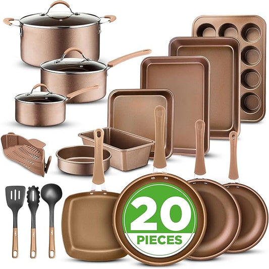 Nutrichef 20 Piece Professional Home Kitchen Cookware and Bakeware, Pots and Pans Set Non Stick Kitchenware, Cool-Touch Handles, Non Toxic, Safe for Gas, Electric, Induction Cooktops, Easy Clean by NutriChef%E2%84%A2Kitchen