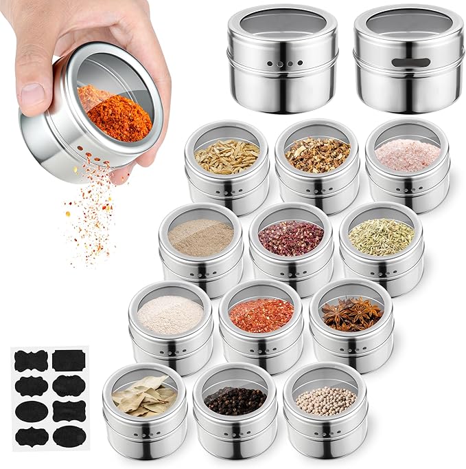 12pcs Stainless Steel Spice Jars, Magnetic Condiment Tins Magnetic Spice Jar With Clear Lid And Holes Sift&Pour - Easy To Clean - Image 6