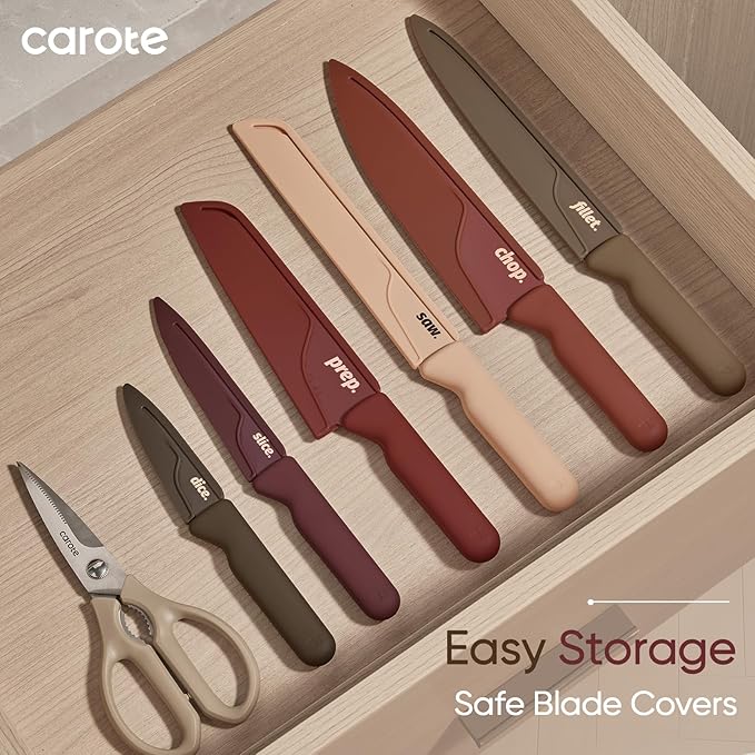 CAROTE Knife Set, 13 Pcs Kitchen Knife Set with Letter, 6 Stainless Steel Knives with Nonstick Ceramic Surface & Blade Guards, Kitchen Shears, Dishwasher Safe, Ergonomic Handles - Image 7