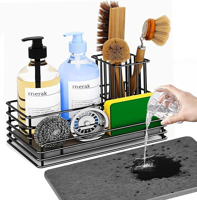 Yofidra Kitchen Sink Caddy: Sink Sponge with Instant Drying Stone, Metal Stainless Steel Dish Sponge Holder Basket for Sponges, Scrubbers, Soap, 9.5" X 5.5" X 5.7" Home Decor Storage and Organization by Yofidra
