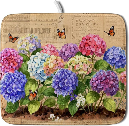 Vintage Hydrangea Dish Drying Mat Watercolor Floral Microfiber Absorbent Dish Drying Pad for Kitchen Counter Small by Giwawa